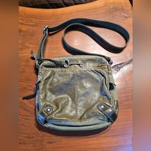 Long Live Vintage Green Distressed Leather And Canvas Purse FOSSIL Crossbody